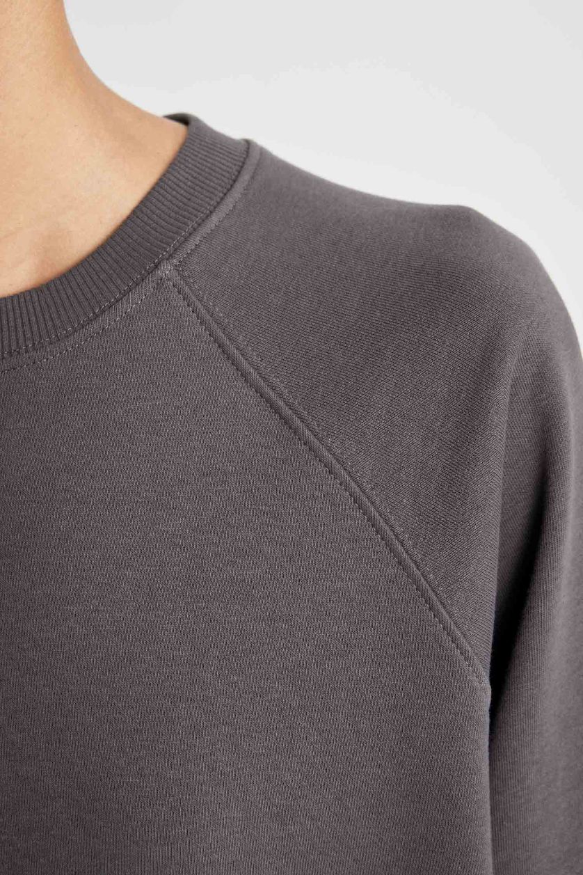 Kadın Antrasit Oversize Geniş Kalıp Bisiklet Yaka Kalın Basic Düz Sweatshirt