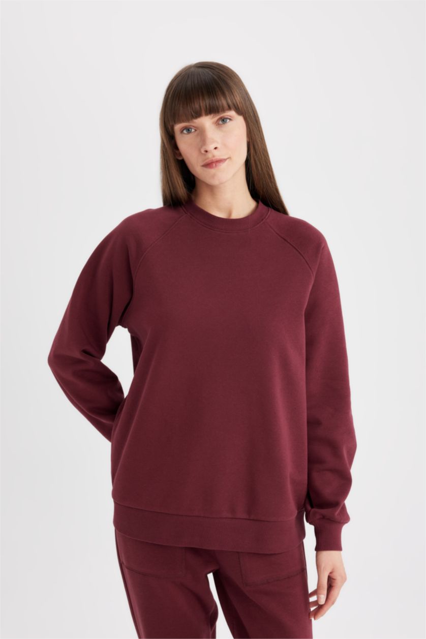 Kadın Bordo Oversize Geniş Kalıp Bisiklet Yaka Kalın Basic Düz Casual Sweatshirt