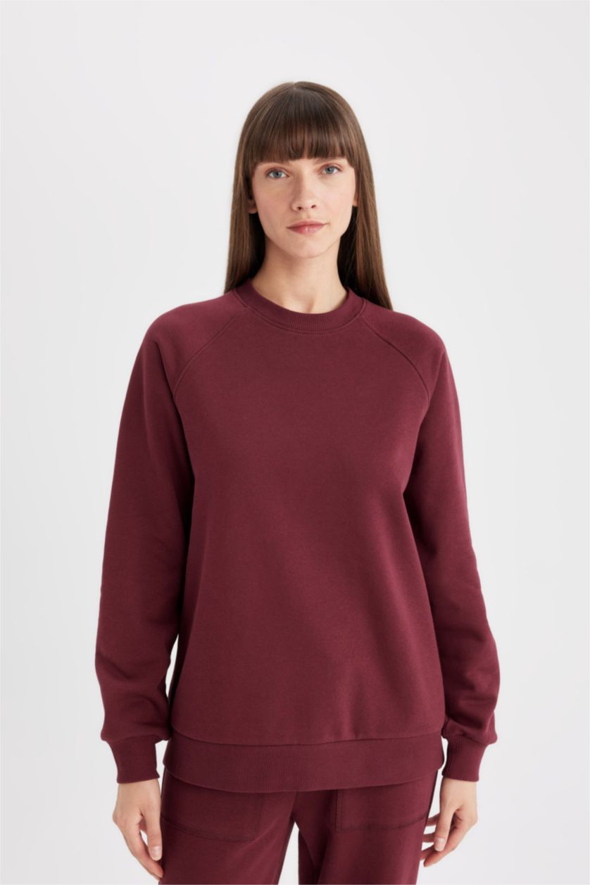 Kadın Bordo Oversize Geniş Kalıp Bisiklet Yaka Kalın Basic Düz Casual Sweatshirt