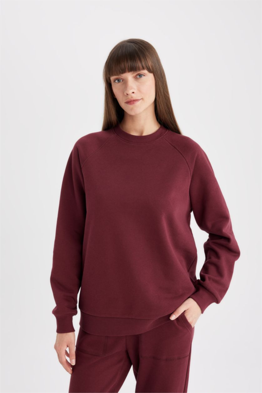 Kadın Bordo Oversize Geniş Kalıp Bisiklet Yaka Kalın Basic Düz Casual Sweatshirt