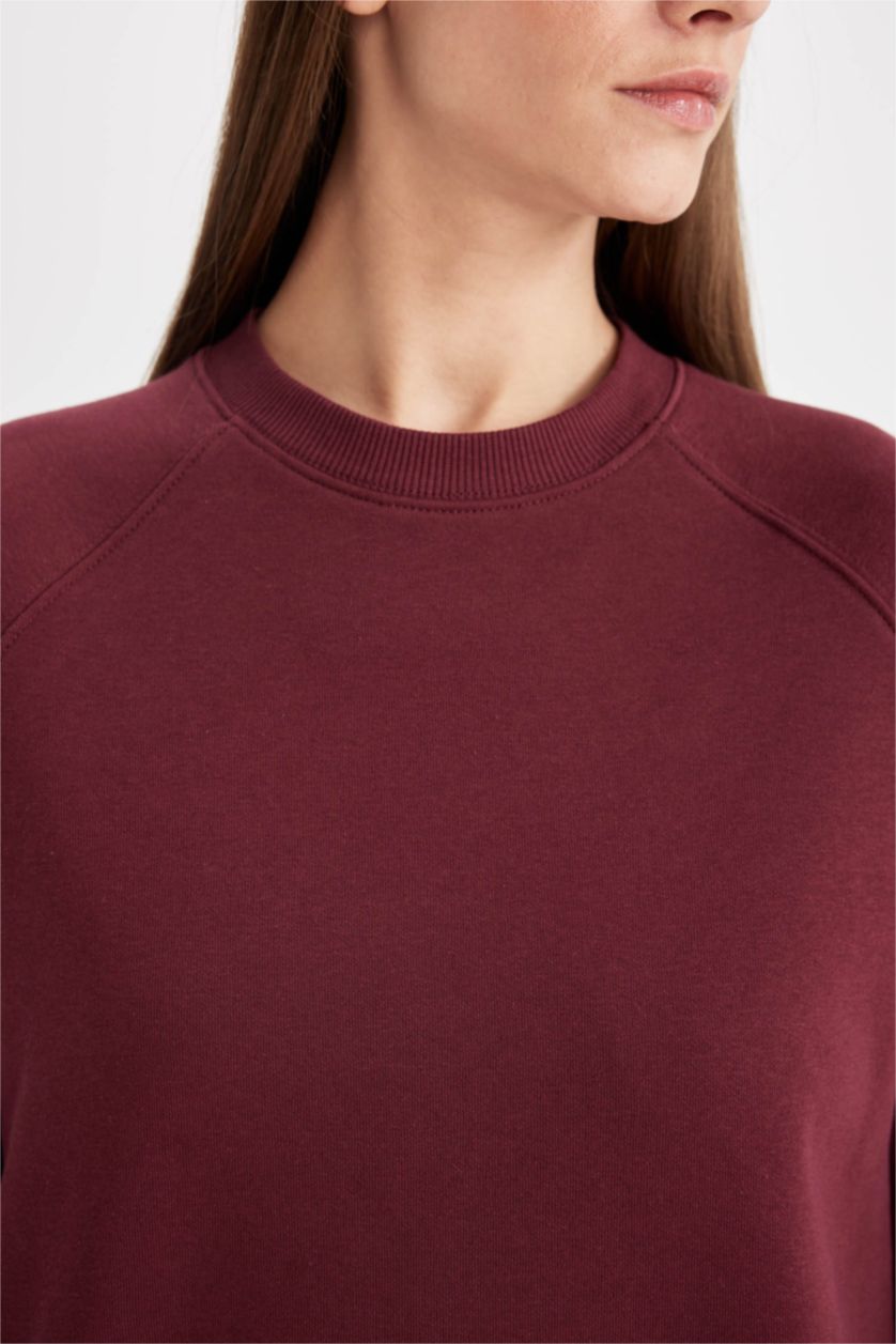 Kadın Bordo Oversize Geniş Kalıp Bisiklet Yaka Kalın Basic Düz Casual Sweatshirt