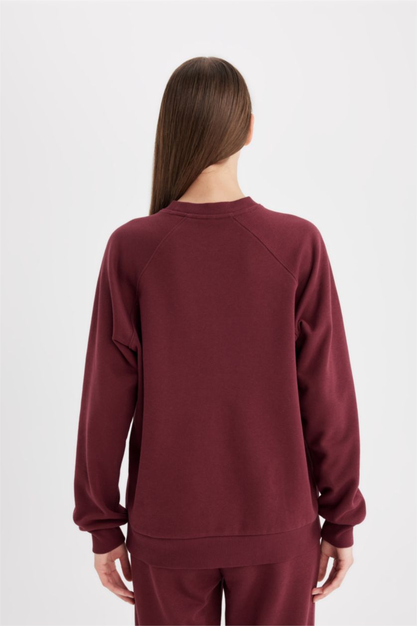 Kadın Bordo Oversize Geniş Kalıp Bisiklet Yaka Kalın Basic Düz Casual Sweatshirt
