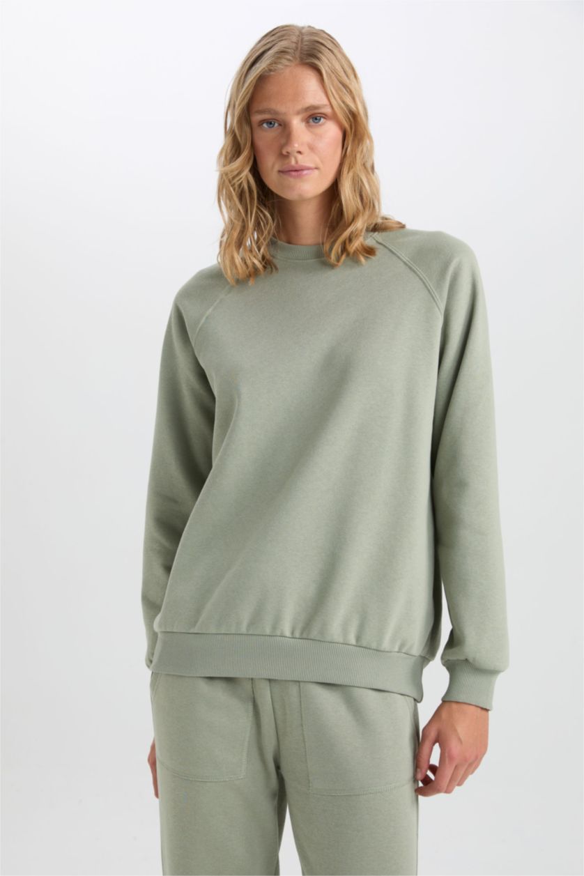 نساء كاكي فاتح Oversize Crew Neck Thick Basic Casual Sweatshirt