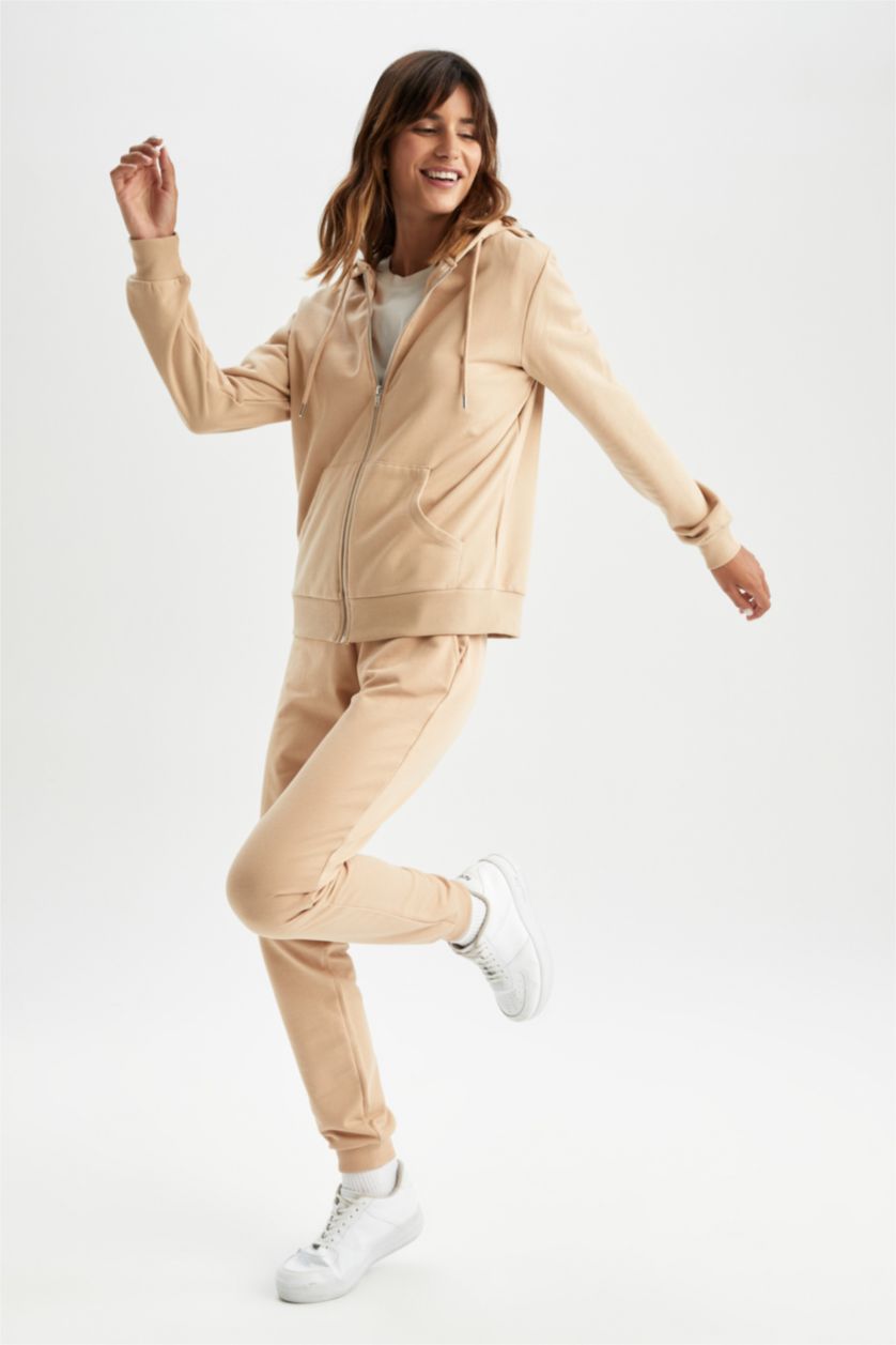 نساء بيج Regular Fit Thin Sweatshirt Fabric Trousers
