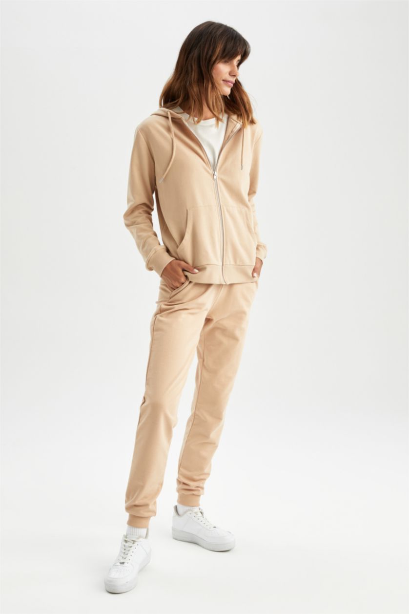 نساء بيج Regular Fit Thin Sweatshirt Fabric Trousers