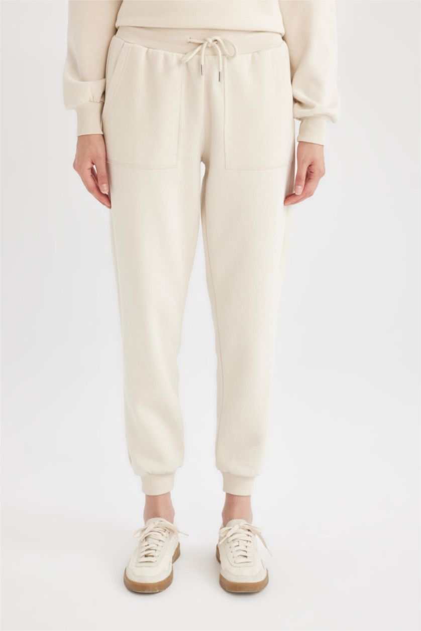 Kadın Kum Regular Fit Jogger Eşofman Altı Basic Düz Beli Lastikli Bağcıklı Cepli
