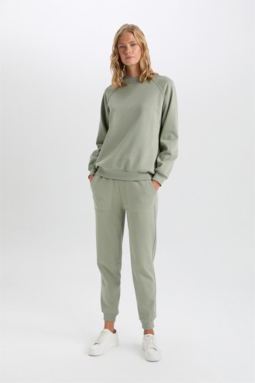 Kadın Açık Haki Regular Fit Jogger Kışlık Eşofman Altı Basic Düz Beli Lastikli Bağcıklı Cepli