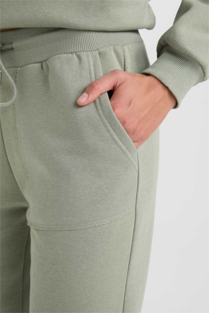 Kadın Açık Haki Regular Fit Jogger Kışlık Eşofman Altı Basic Düz Beli Lastikli Bağcıklı Cepli