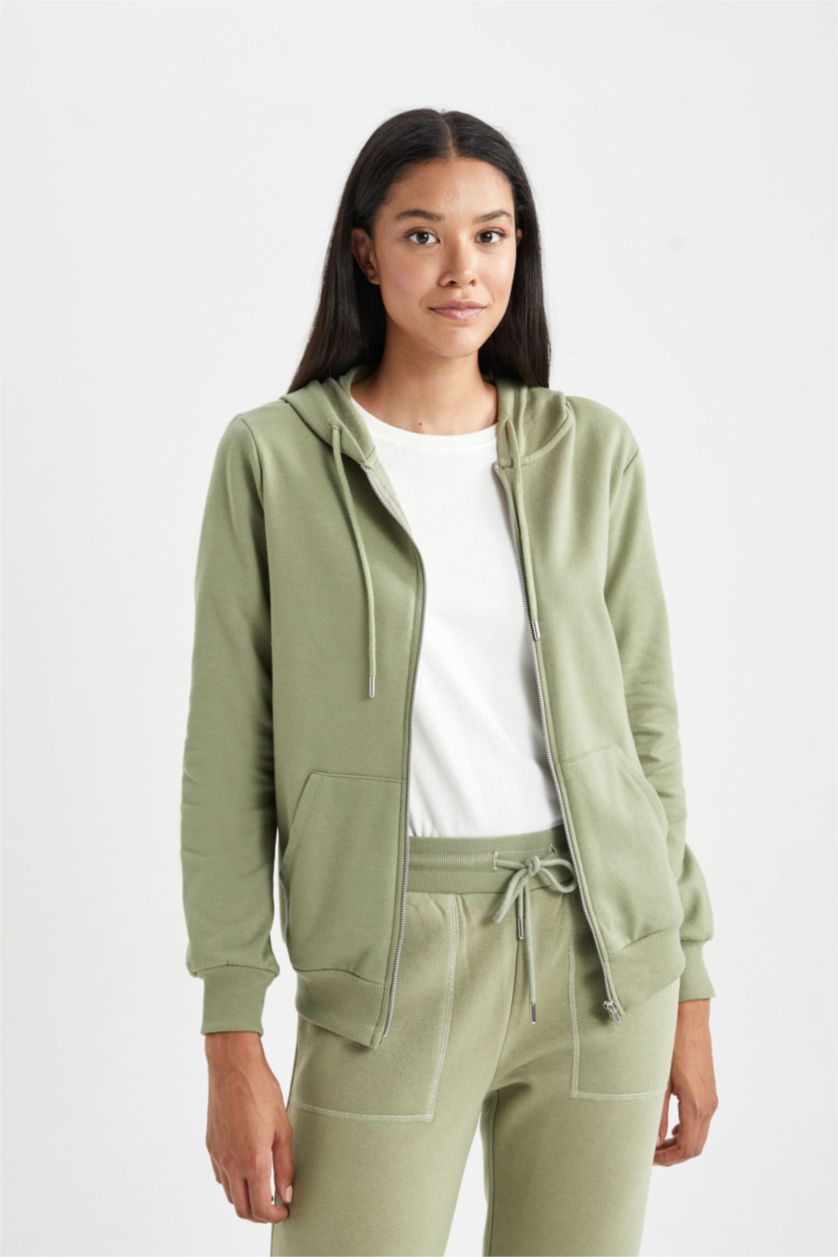 FEMME Kaki Sweat à capuche Basique zippé à Coupe régulière