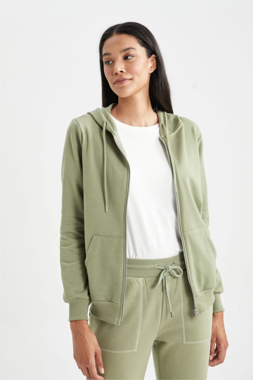 FEMME Kaki Sweat à capuche Basique zippé à Coupe régulière