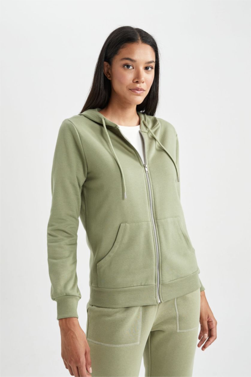 FEMME Kaki Sweat à capuche Basique zippé à Coupe régulière