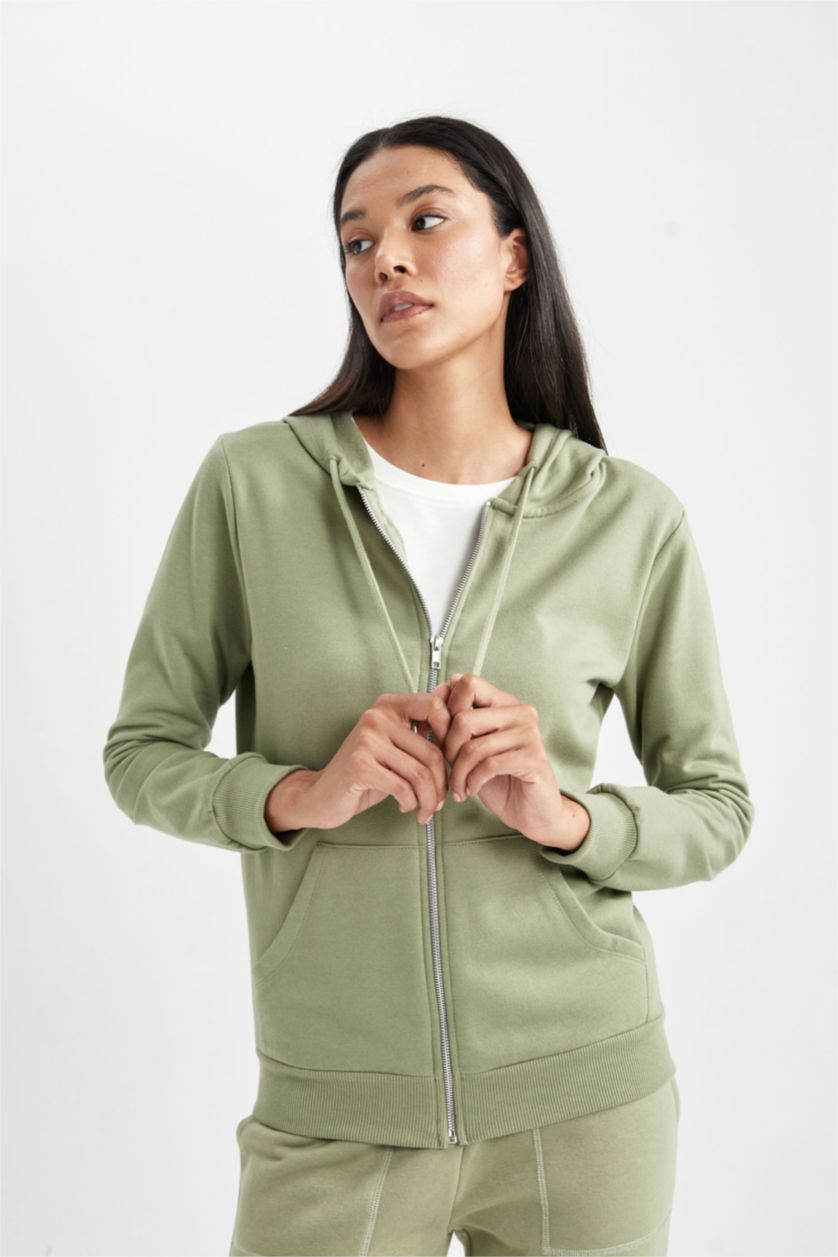 FEMME Kaki Sweat à capuche Basique zippé à Coupe régulière