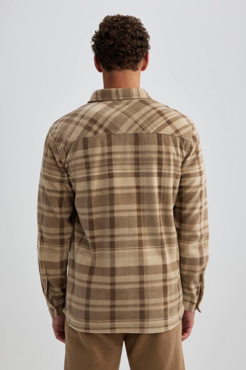 رجال اللون الرملي قميص كاروهات صوفي قصة عادية ردن طويل