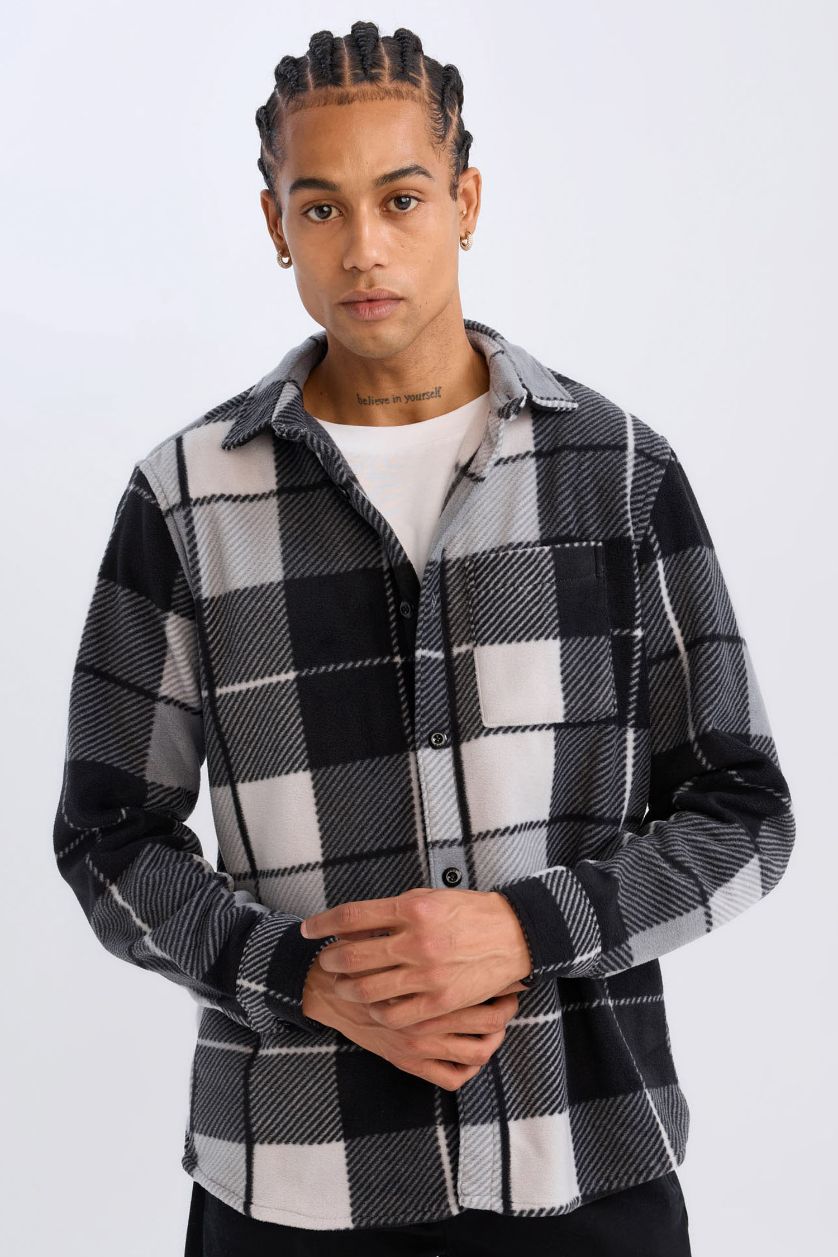 HOMME Anthracite Chemise à manches longues en polaire à carreaux Coupe régulière