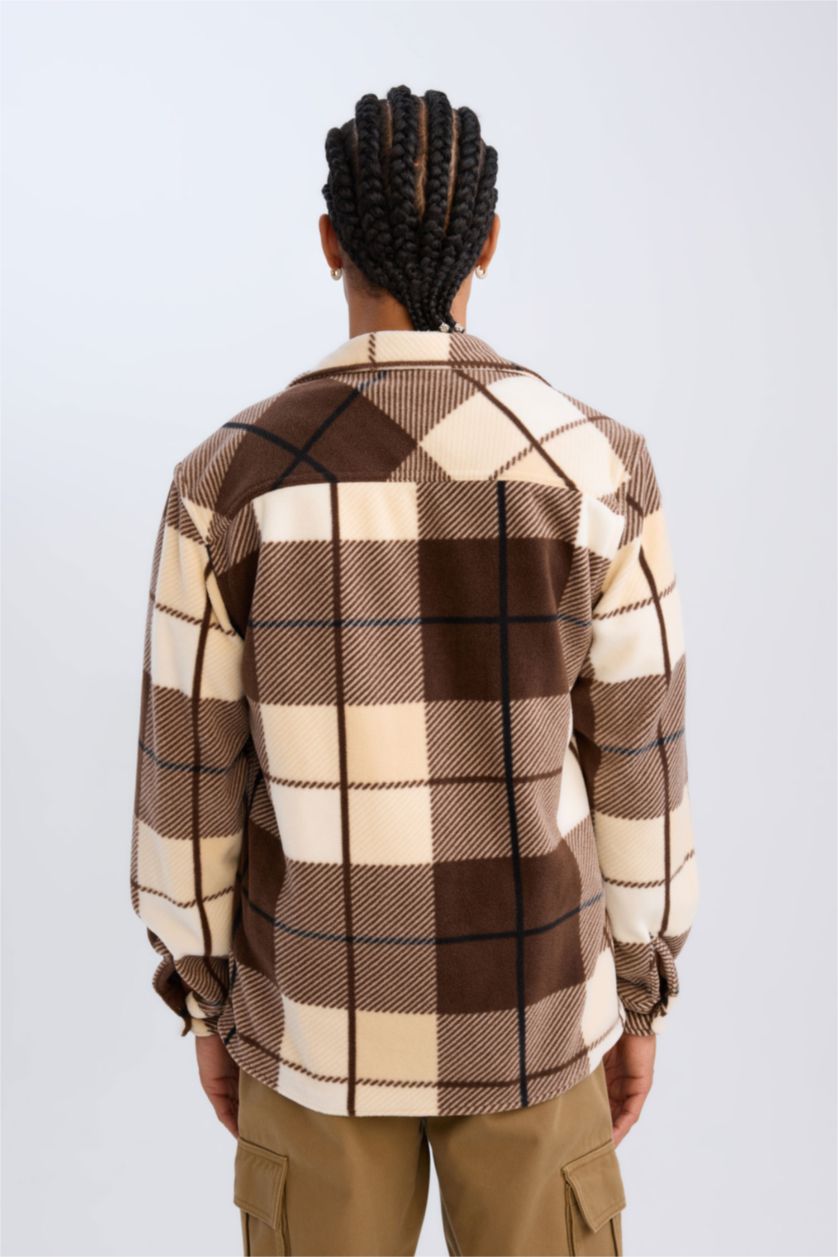 Erkek Kahve Regular Fıt Kareli Polar Uzun Kollu Gömlek