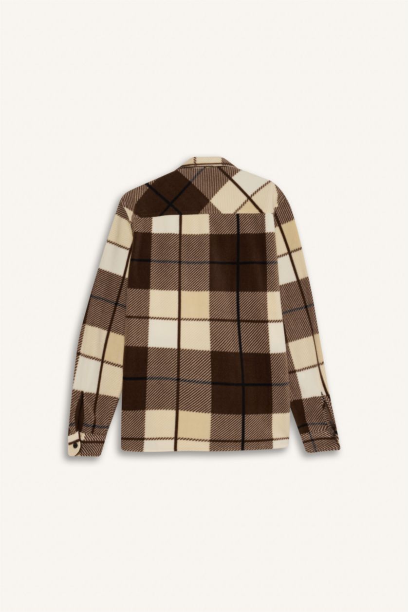 Erkek Kahve Regular Fıt Kareli Polar Uzun Kollu Gömlek