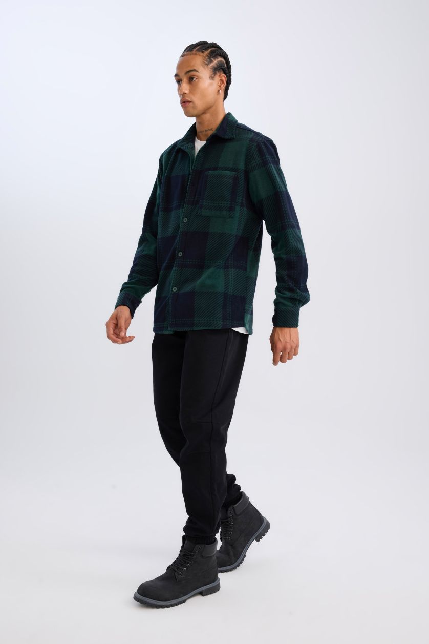 Erkek Koyu Yeşil Regular Fıt Kareli Polar Uzun Kollu Gömlek