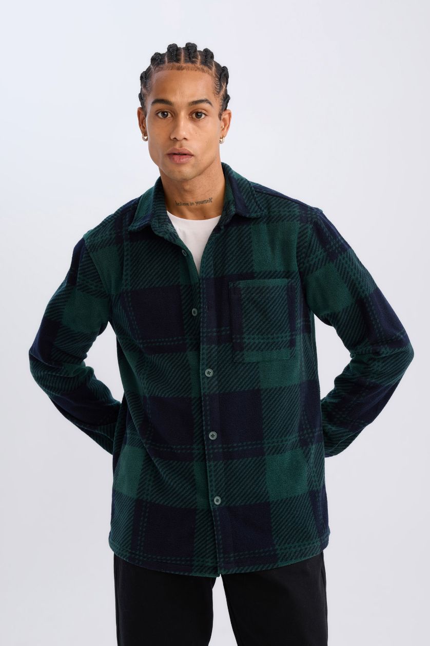 Erkek Koyu Yeşil Regular Fıt Kareli Polar Uzun Kollu Gömlek