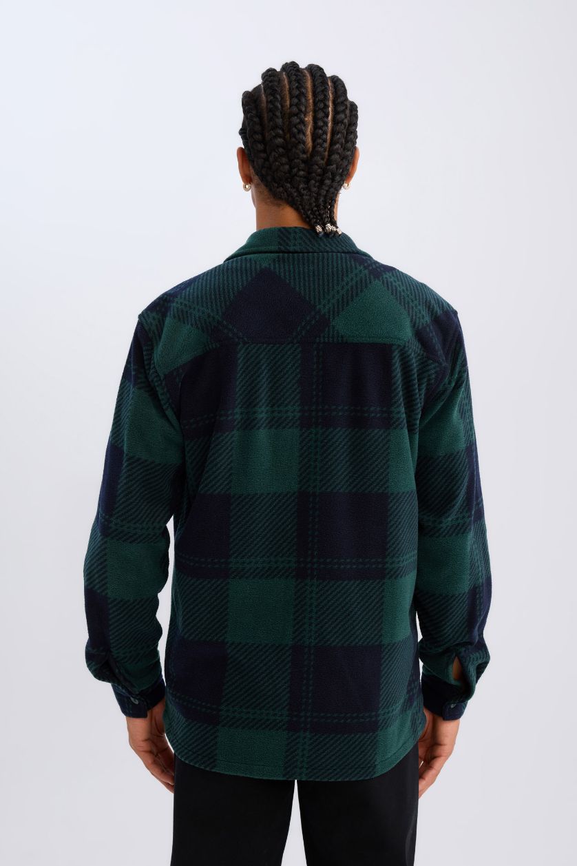 Erkek Koyu Yeşil Regular Fıt Kareli Polar Uzun Kollu Gömlek