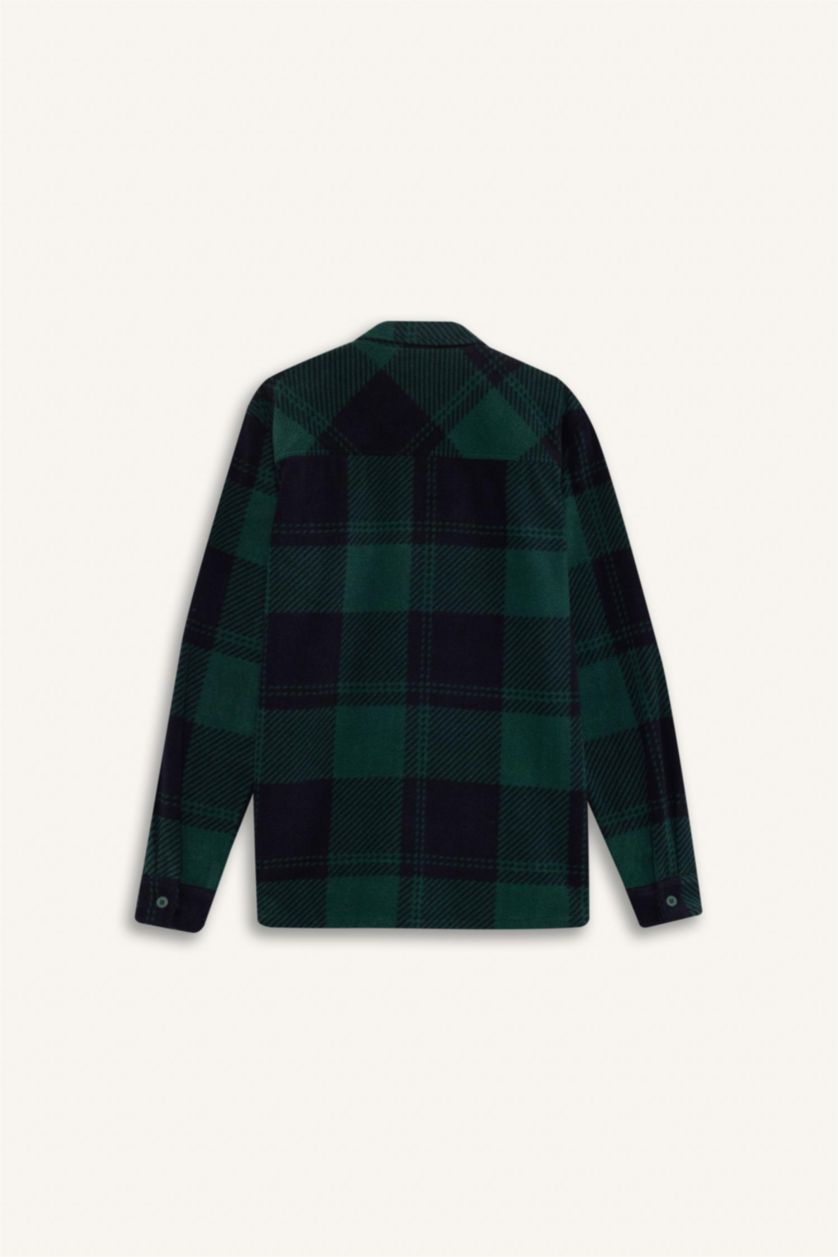 Erkek Koyu Yeşil Regular Fıt Kareli Polar Uzun Kollu Gömlek