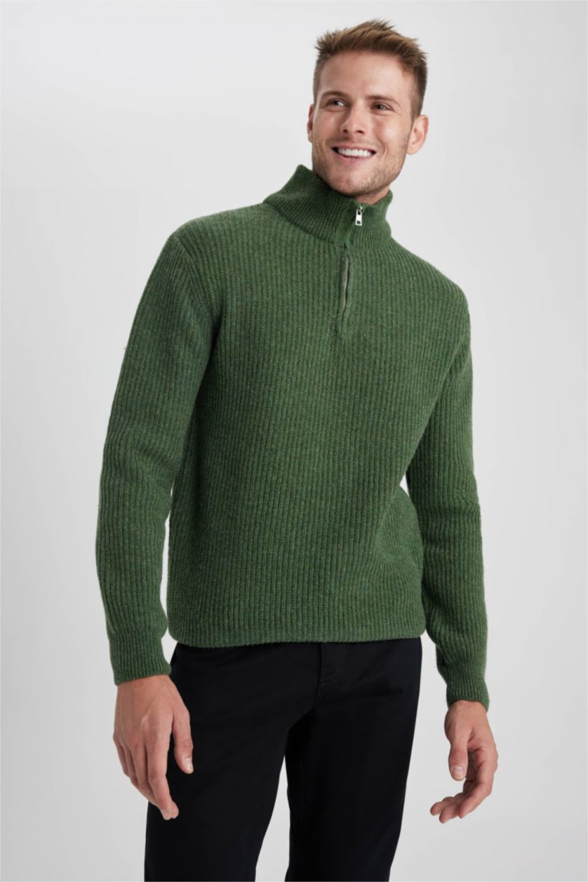 HOMME Vert Pull Tricot Col semi-roulé