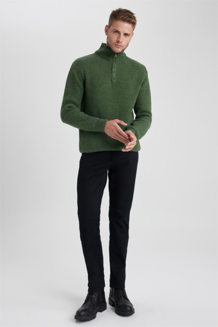 HOMME Vert Pull Tricot Col semi-roulé