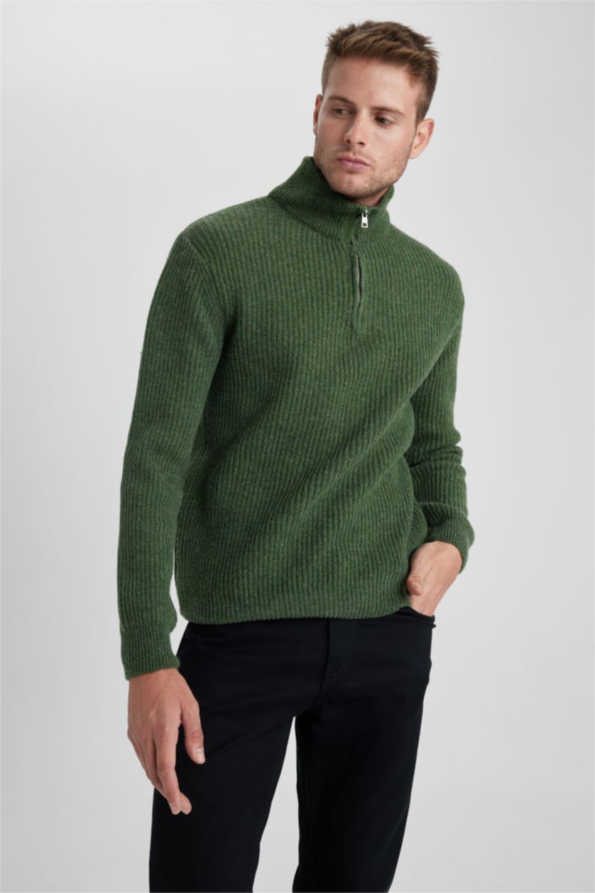 HOMME Vert Pull Tricot Col semi-roulé
