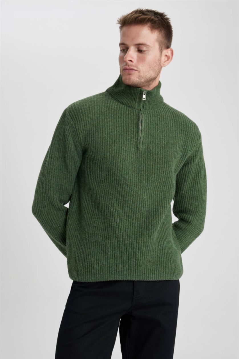 HOMME Vert Pull Tricot Col semi-roulé