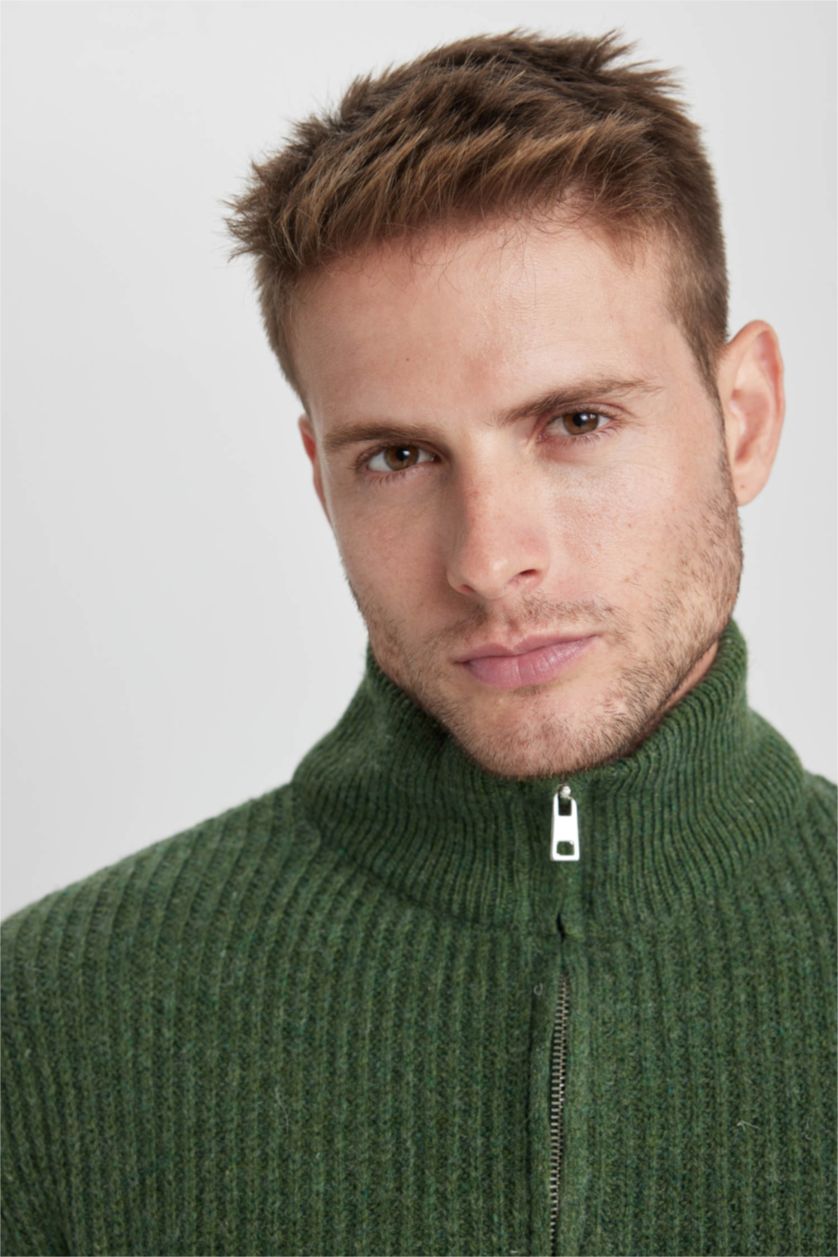 HOMME Vert Pull Tricot Col semi-roulé