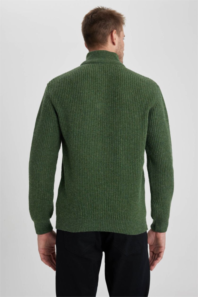 HOMME Vert Pull Tricot Col semi-roulé