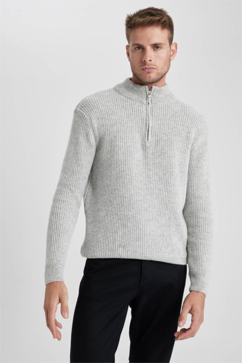 Erkek Gri Melanj Regular Fit Yarım Balıkçı Fermuarlı Yaka Yün Triko Kazak