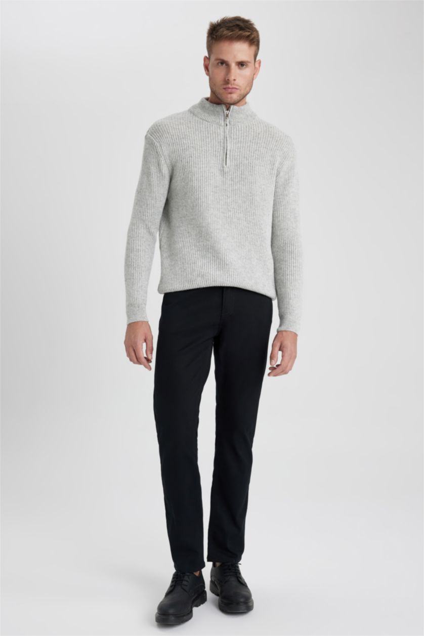 Erkek Gri Melanj Regular Fit Yarım Balıkçı Fermuarlı Yaka Yün Triko Kazak