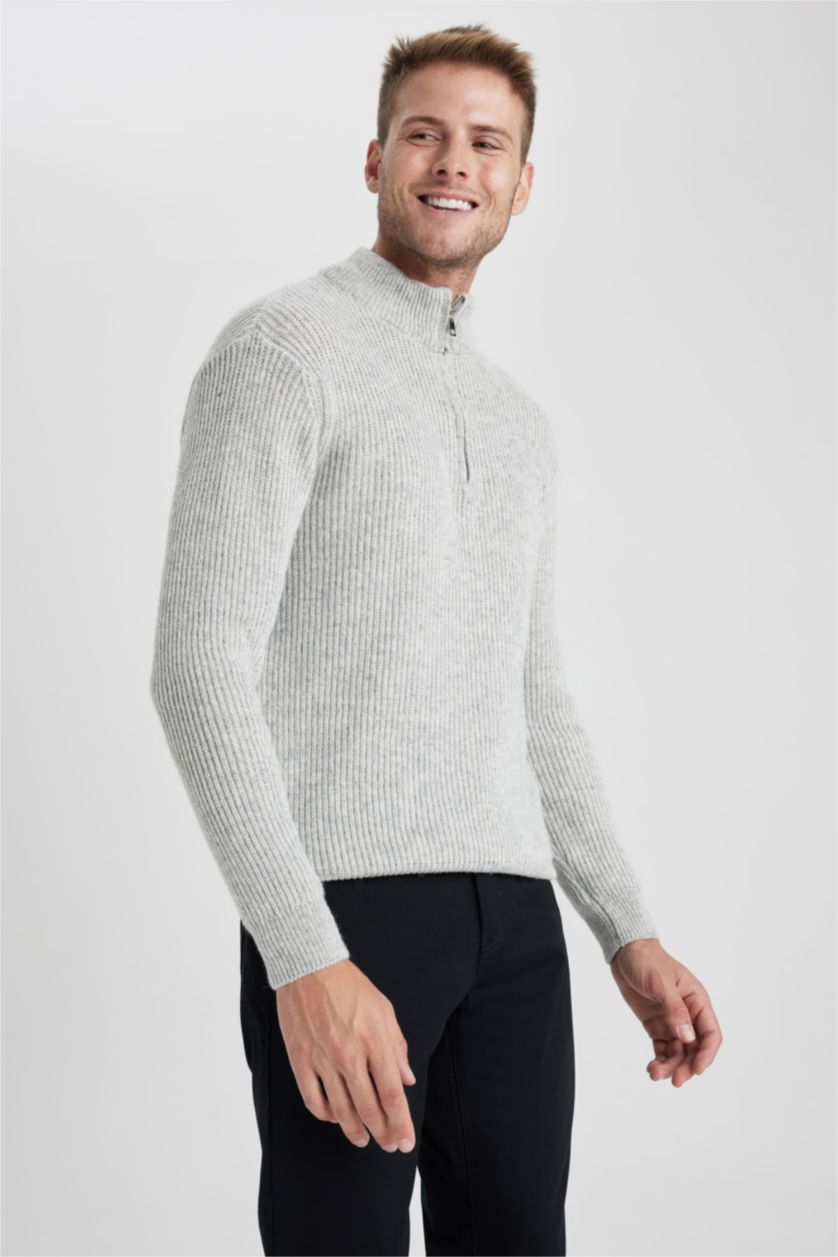 Erkek Gri Melanj Regular Fit Yarım Balıkçı Fermuarlı Yaka Yün Triko Kazak