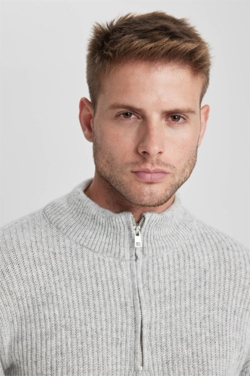 Erkek Gri Melanj Regular Fit Yarım Balıkçı Fermuarlı Yaka Yün Triko Kazak