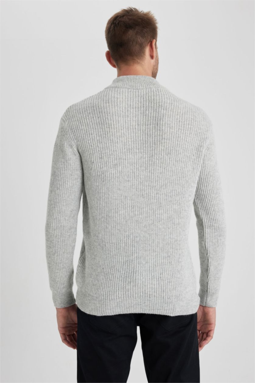 Erkek Gri Melanj Regular Fit Yarım Balıkçı Fermuarlı Yaka Yün Triko Kazak