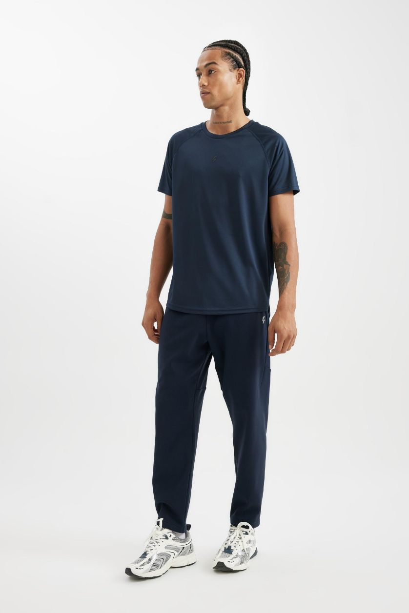 Erkek Lacivert Slim Fit Dar Kesim Bisiklet Yaka Baskılı Sporcu Kısa Kollu Tişört