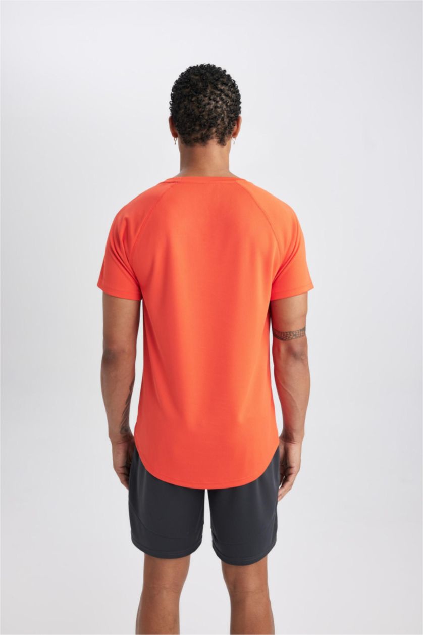 Erkek Turuncu Slim Fit Dar Kesim Bisiklet Yaka Baskılı Sporcu Kısa Kollu Tişört