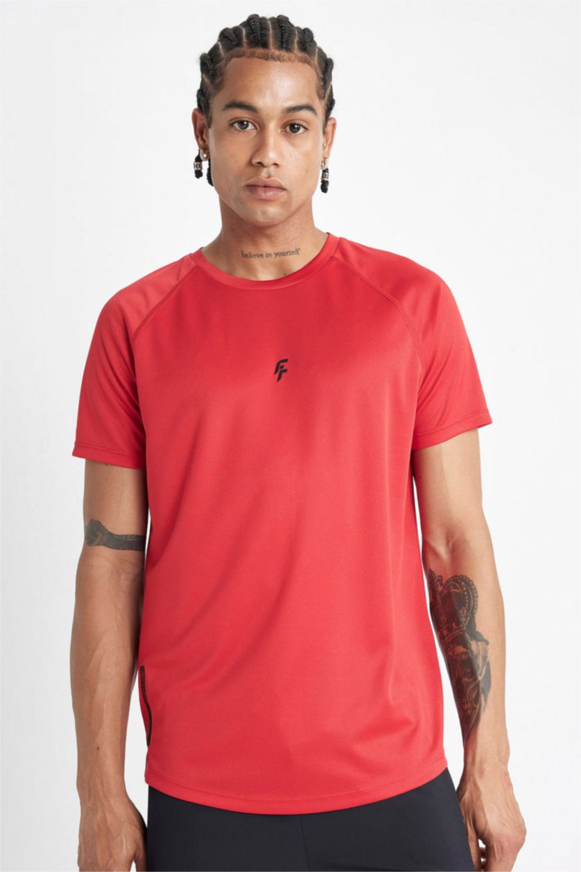 Erkek Kırmızı Slim Fit Dar Kesim Bisiklet Yaka Baskılı Sporcu Kısa Kollu Tişört