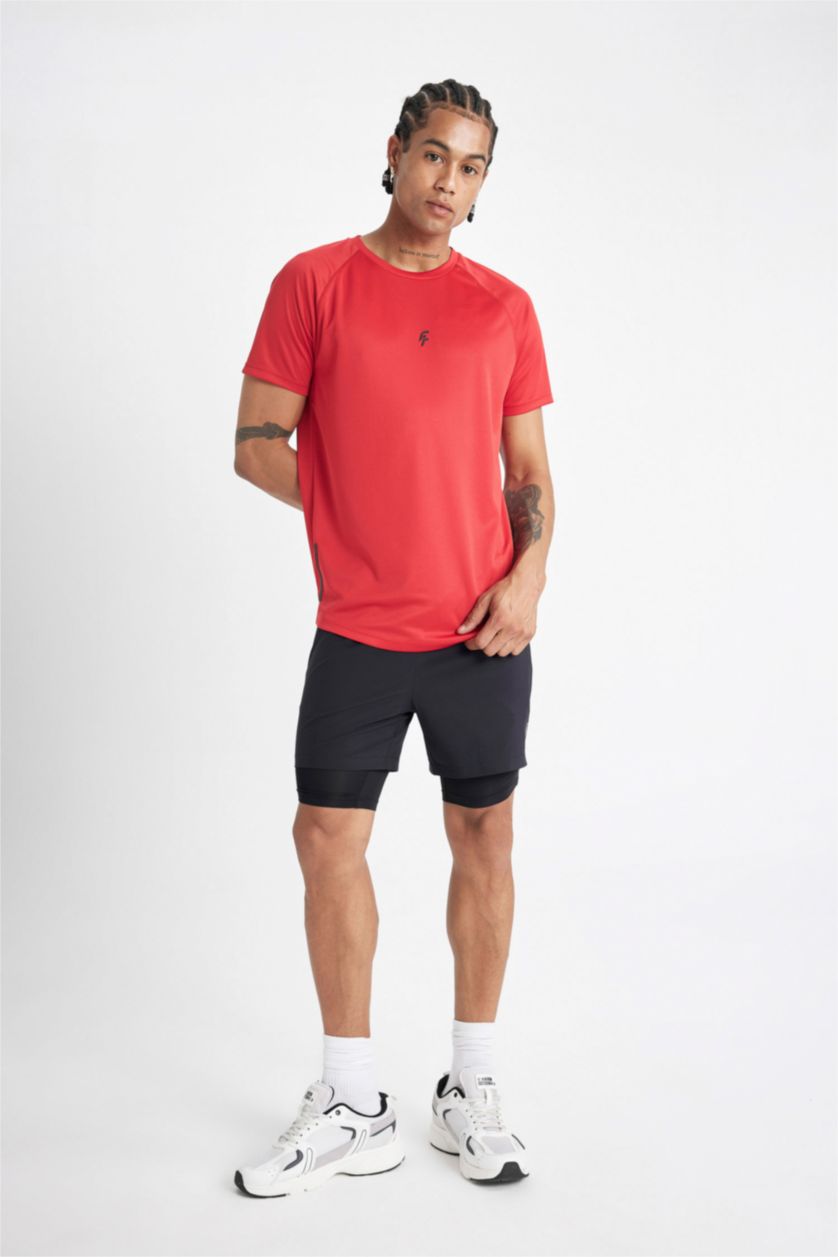 Erkek Kırmızı Slim Fit Dar Kesim Bisiklet Yaka Baskılı Sporcu Kısa Kollu Tişört