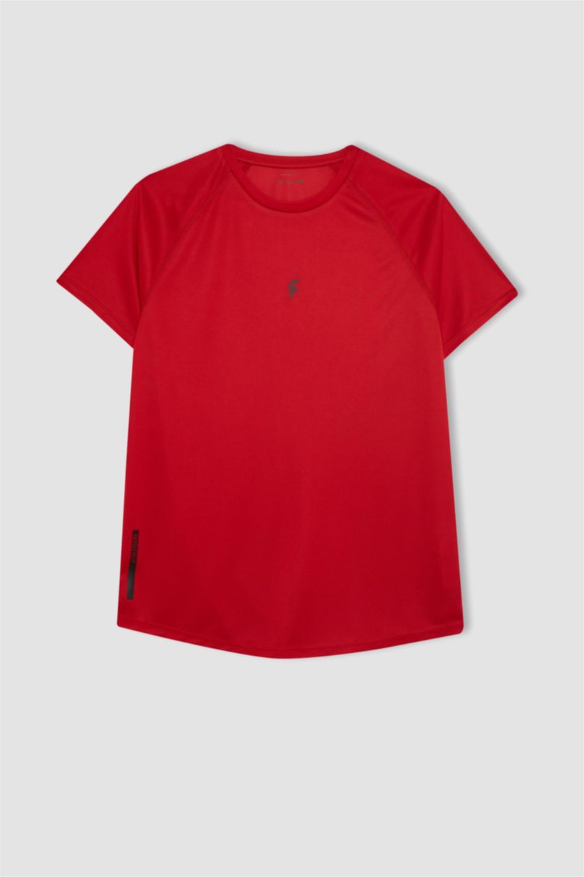 Erkek Kırmızı Slim Fit Dar Kesim Bisiklet Yaka Baskılı Sporcu Kısa Kollu Tişört