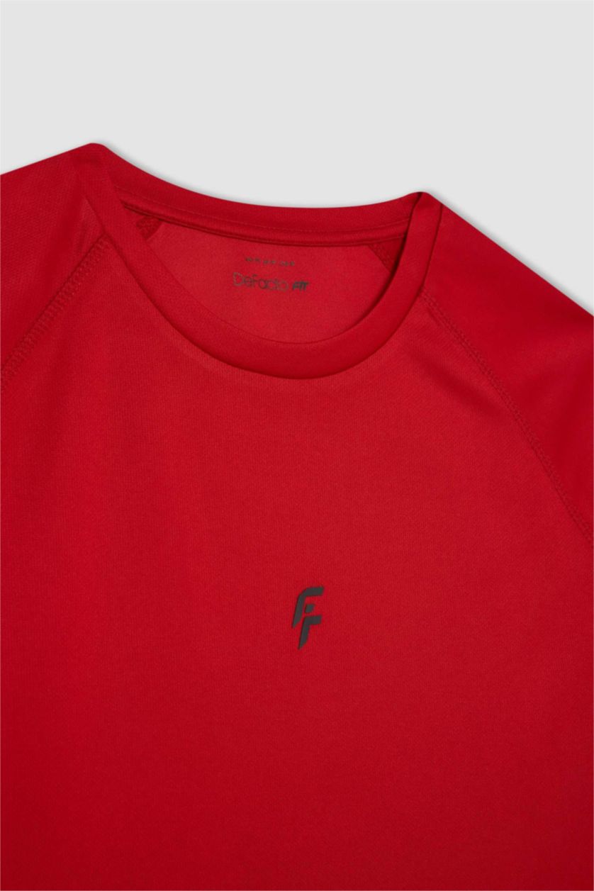 Erkek Kırmızı Slim Fit Dar Kesim Bisiklet Yaka Baskılı Sporcu Kısa Kollu Tişört