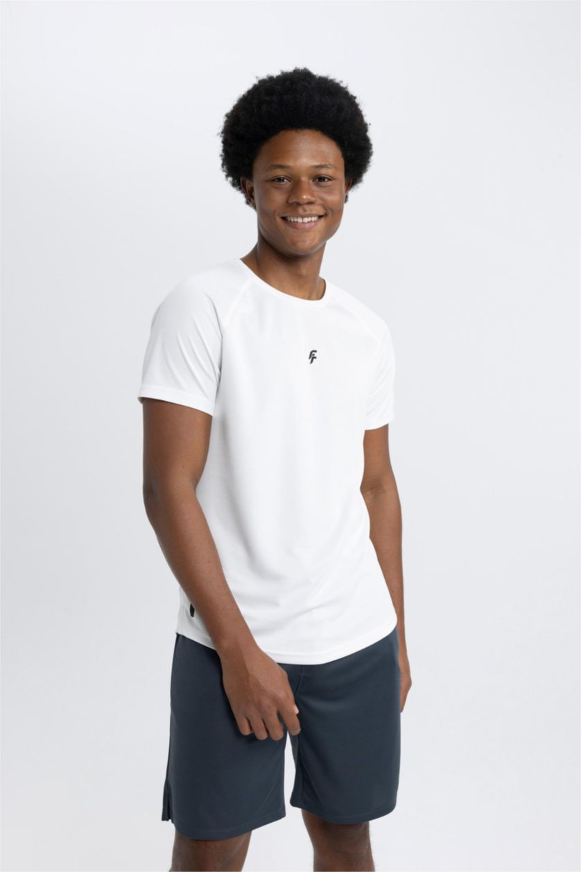 Erkek Beyaz Slim Fit Dar Kesim Bisiklet Yaka Baskılı Sporcu Kısa Kollu Tişört