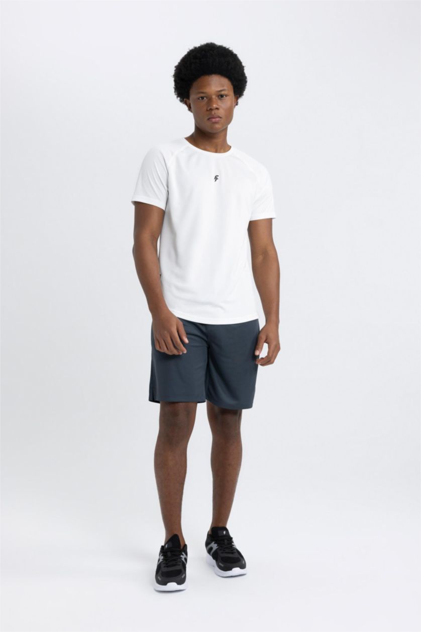 Erkek Beyaz Slim Fit Dar Kesim Bisiklet Yaka Baskılı Sporcu Kısa Kollu Tişört