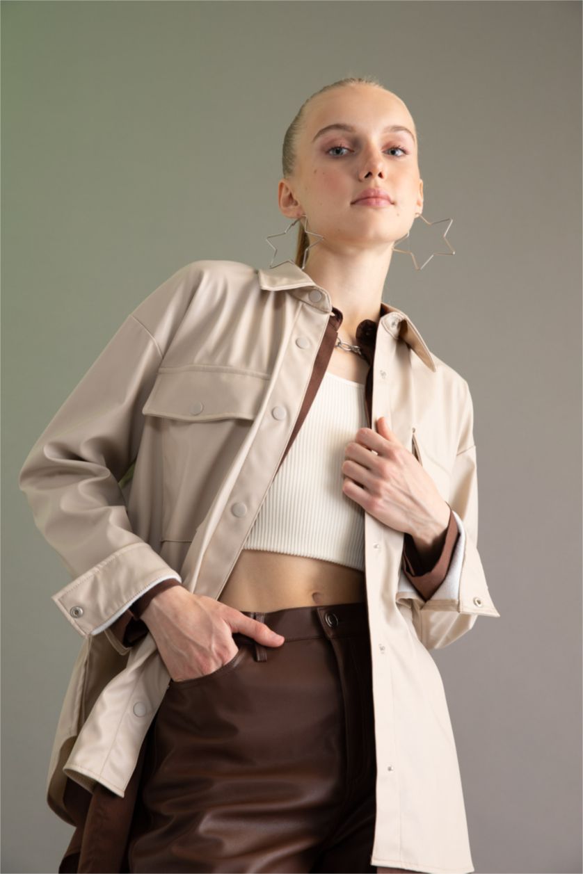 FEMME Beige Clair Chemises à manches longues PU Col De Chemise Poche Double Rabat