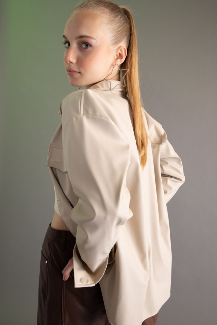 FEMME Beige Clair Chemises à manches longues PU Col De Chemise Poche Double Rabat