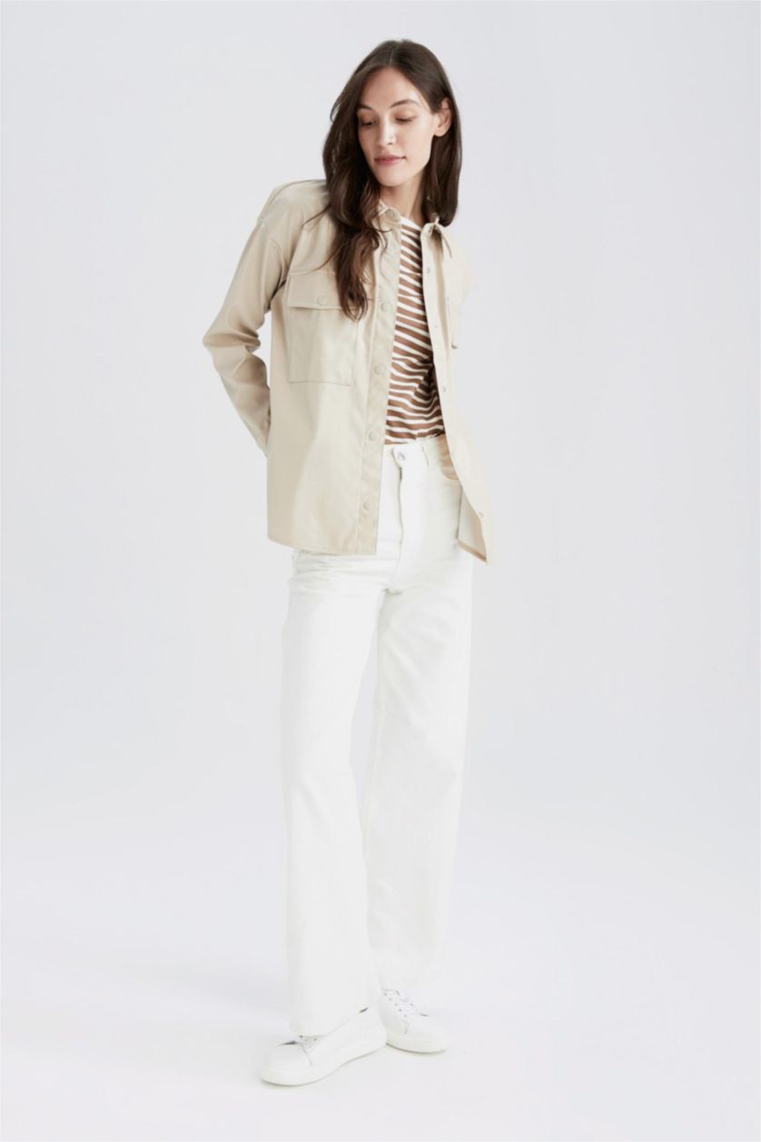 FEMME Beige Clair Chemises à manches longues PU Col De Chemise Poche Double Rabat