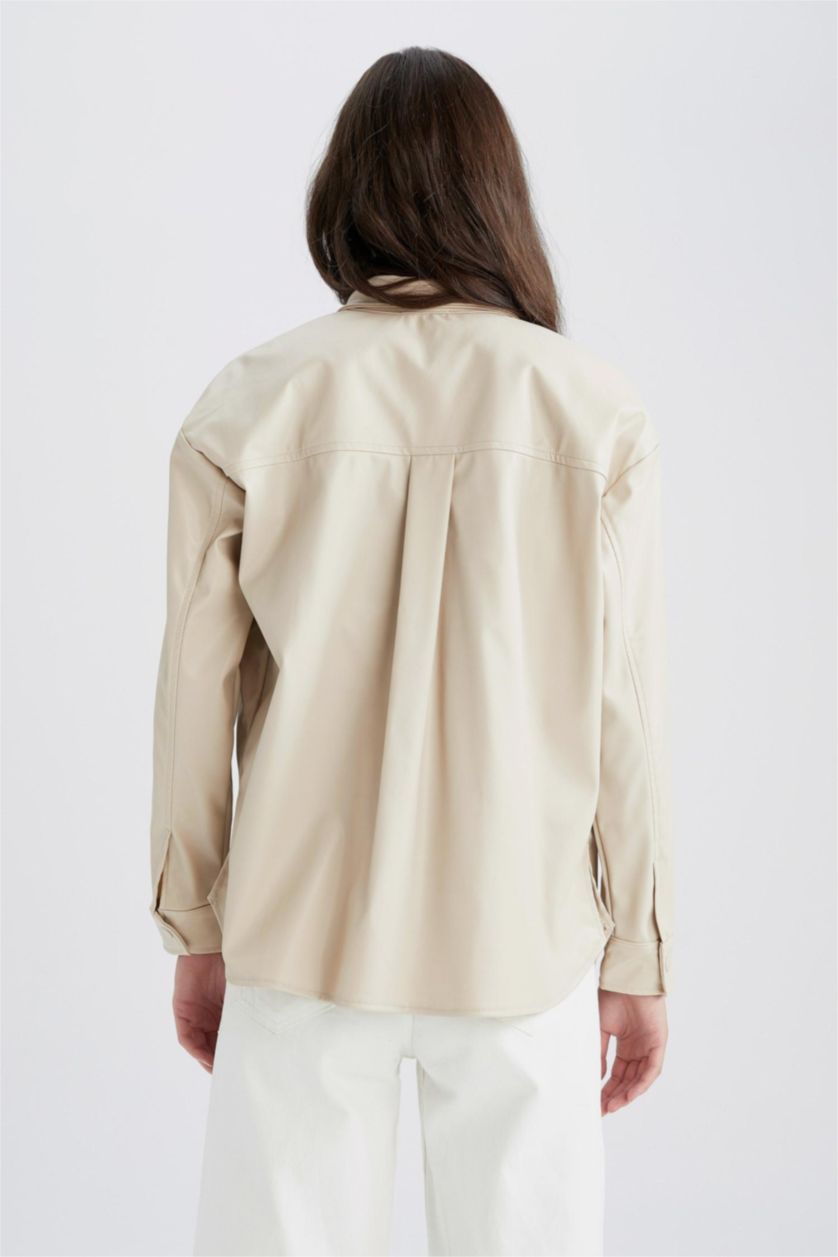 FEMME Beige Clair Chemises à manches longues PU Col De Chemise Poche Double Rabat