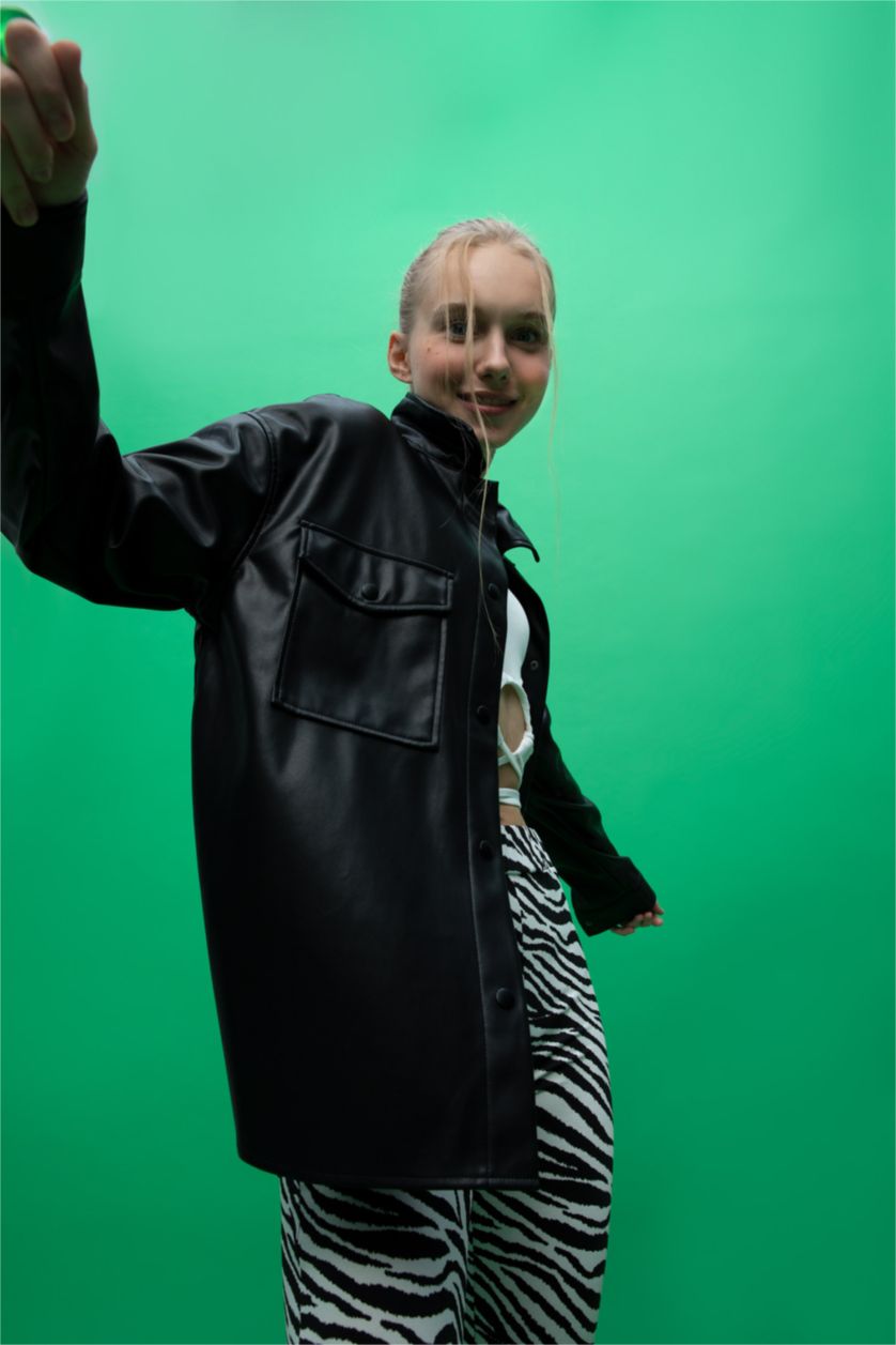 FEMME Noir Chemises à manches longues PU Col De Chemise Poche Double Rabat