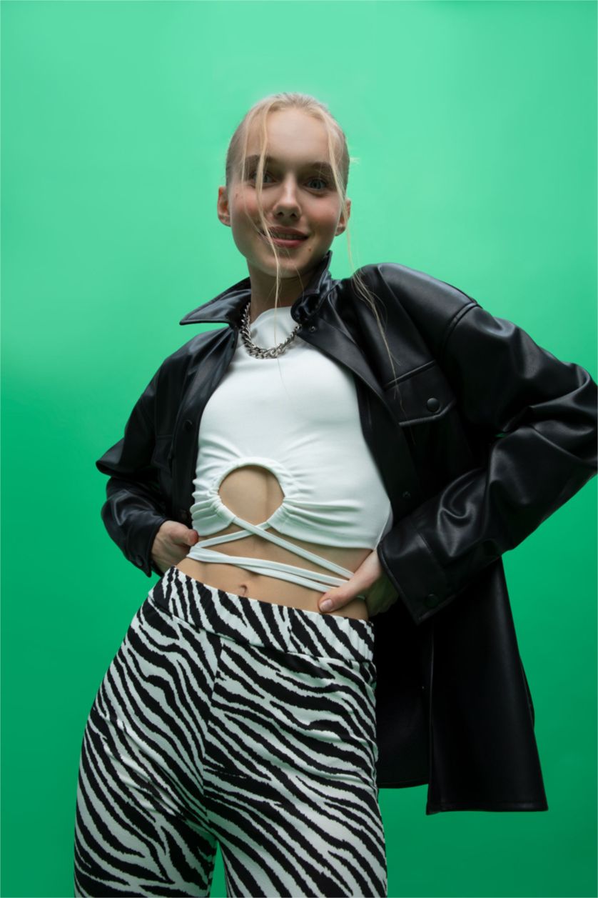 FEMME Noir Chemises à manches longues PU Col De Chemise Poche Double Rabat