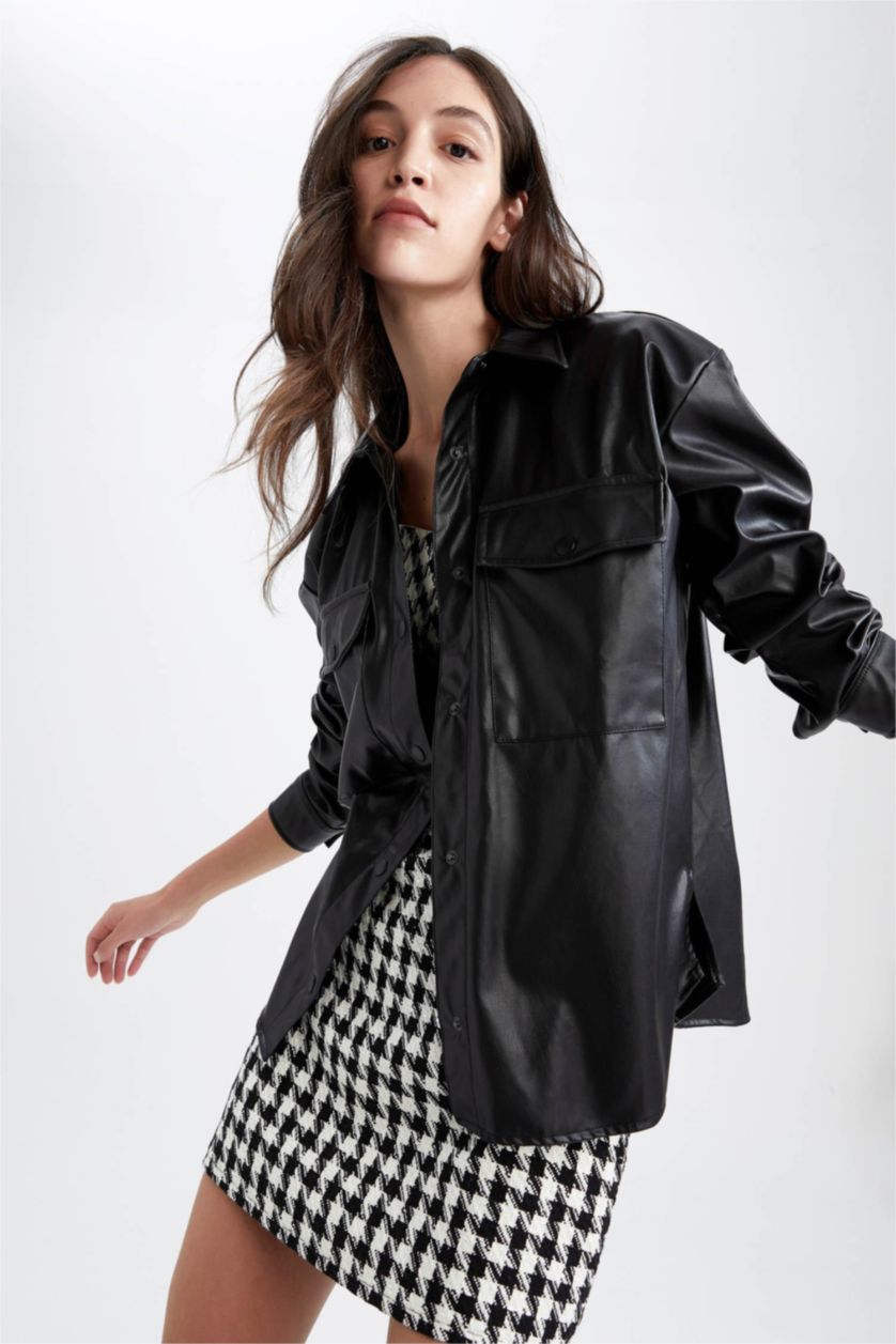 FEMME Noir Chemises à manches longues PU Col De Chemise Poche Double Rabat